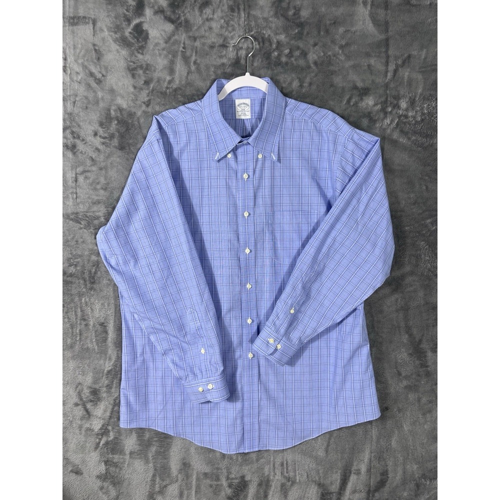 Brooks Brothers 346 Mens Dress Shirt 17.5 34/35 Blue Plaid Slim Fit Non-Iron Cot